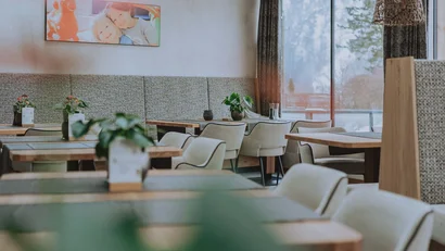 Leeres modernes Restaurant mit gemütlichen Stühlen und Pflanzen auf den Tischen